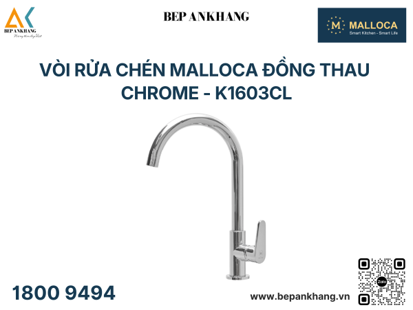 Vòi rửa chén Malloca đồng thau Chrome - K1603CL